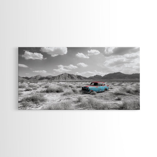 Vintage Car, Desert Abandon, Retro Ride, Pop Art Style, Framed Canvas Print, Teen Room Decor, Bold Accent Wall, Color Pop Landscape