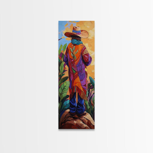 Colorful Western Wanderer Framed Canvas Print, Southwest Wall Art, Boho Art, Cottagecore Wall Art, Rustic Wall Art, Tall Narrow Art