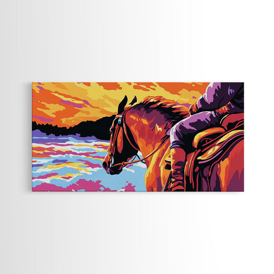 Horse Sunset, vintage horse art, rustic wall art, cowboy decor, western painting, southwest wall art, framed canvas print
