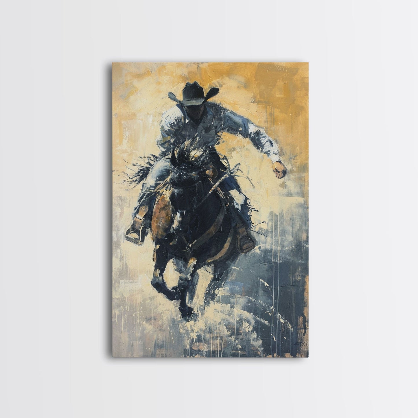 Western Cowboy Riding a Bucking Horse - Framed Canvas Print, Cowboy Wall Art, Rustic Decor, Living Room and Bedroom Art Print