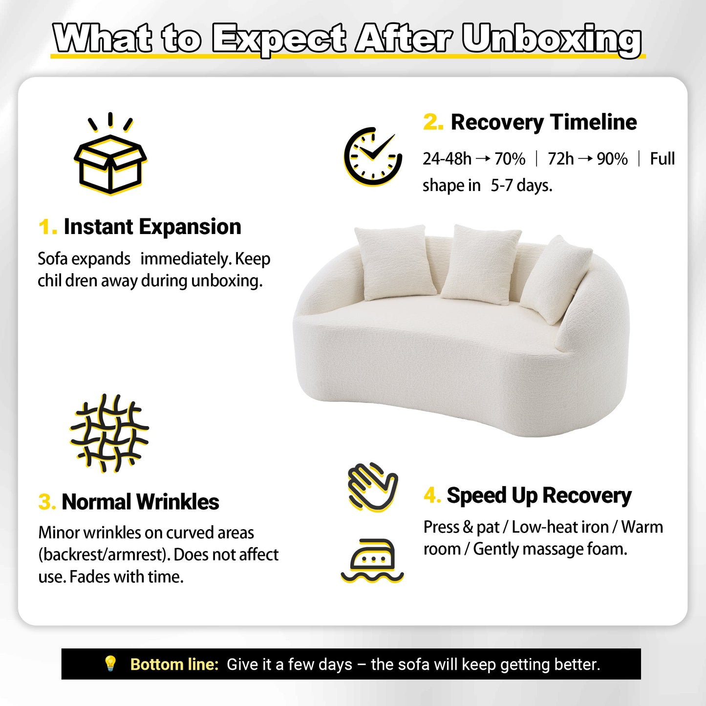 Loveseat Curved Modern Chenille Off-White 2 Seat 3 Pillows 65 In