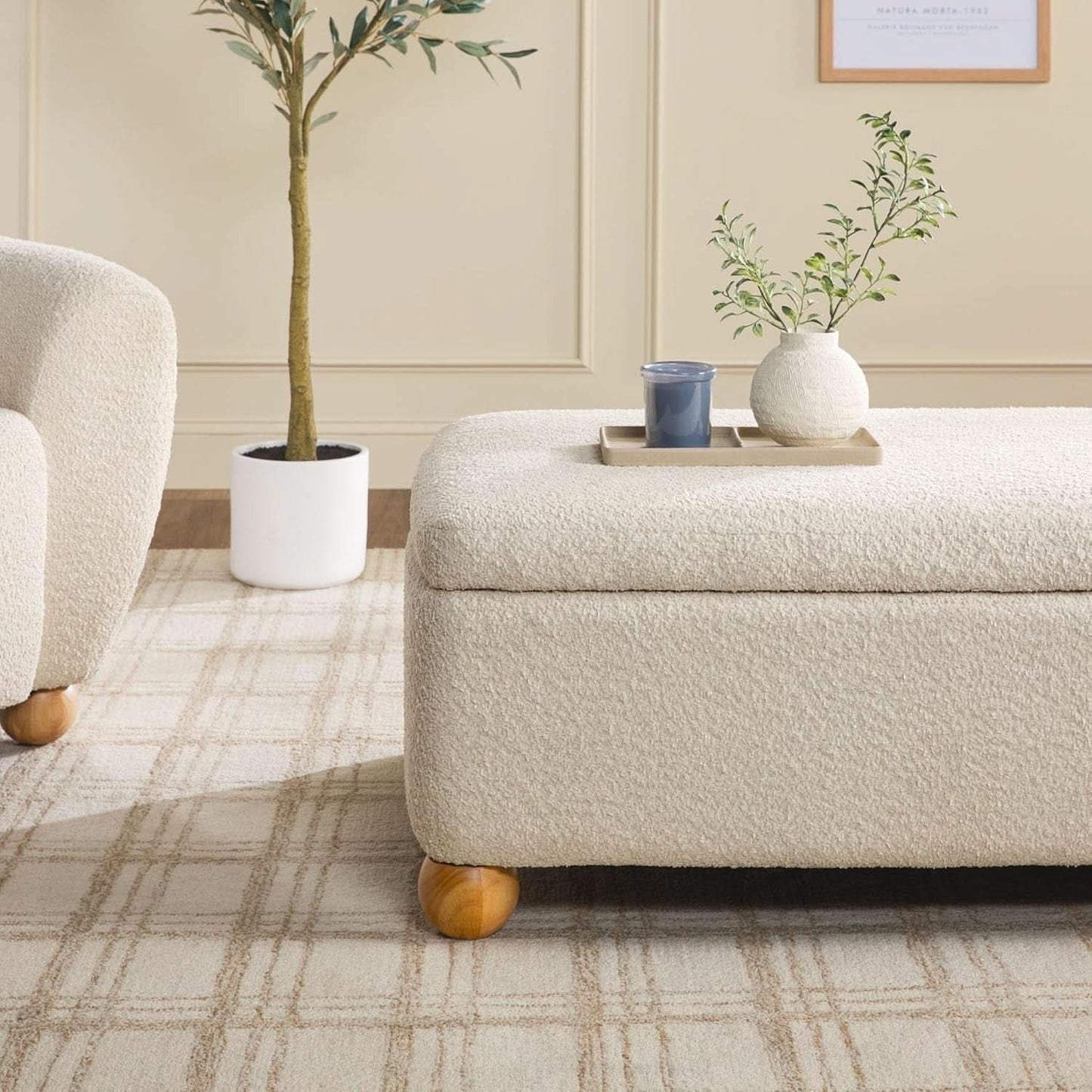 Contemporary Large Ivory Storage Ottoman With Legs