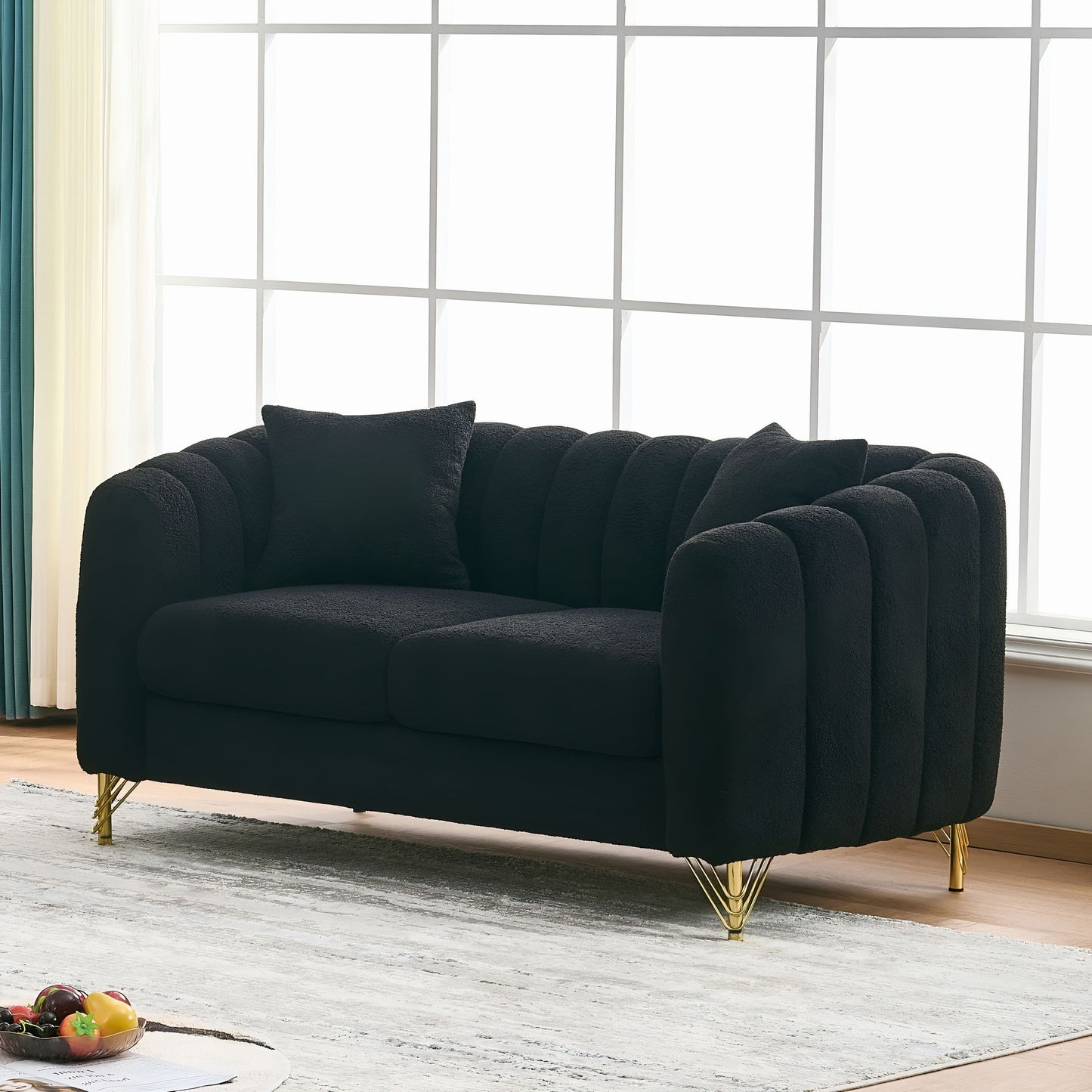 Loveseat Modern Chenille Black Gold Metal Legs 2 Seat 63 In 500 LB
