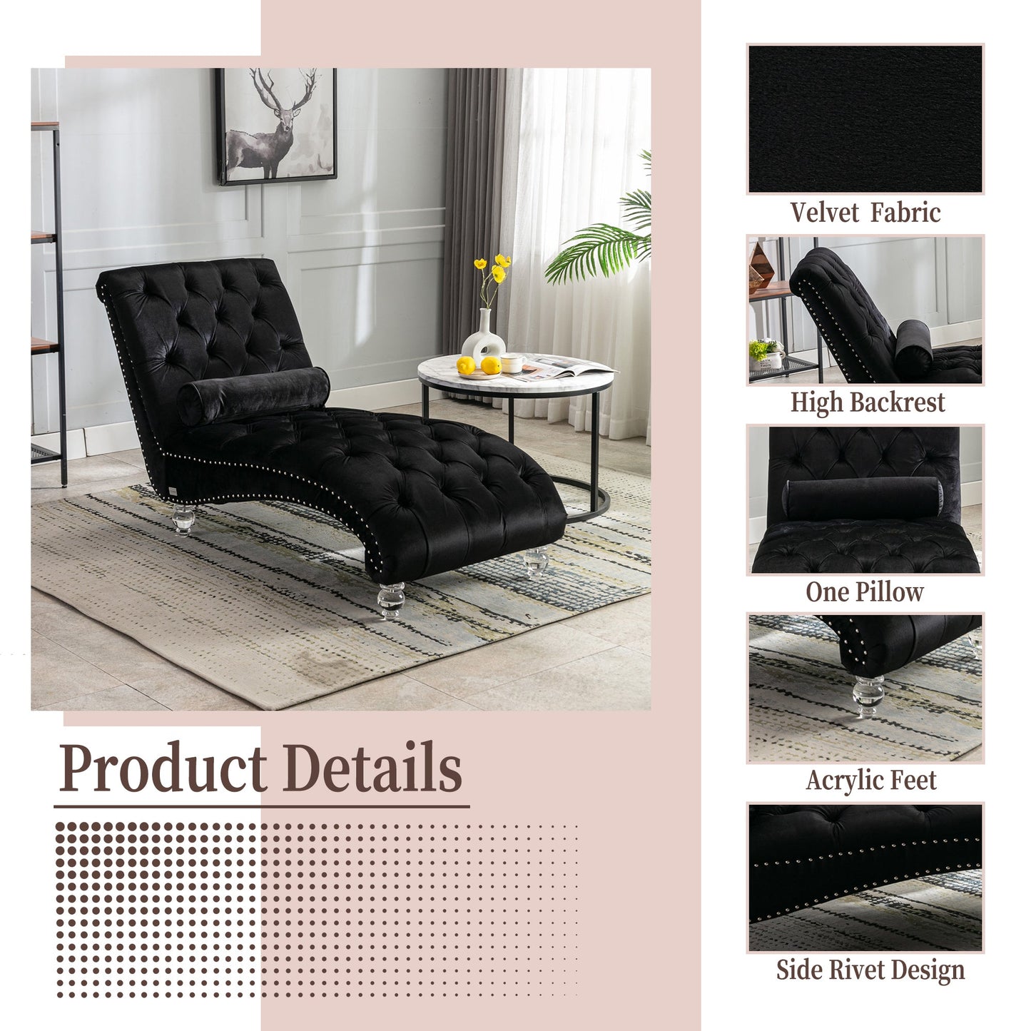 Velvet Chaise Lounge, Button-Tufted with Pillow, Black, 63.38x28.94x34.05 in