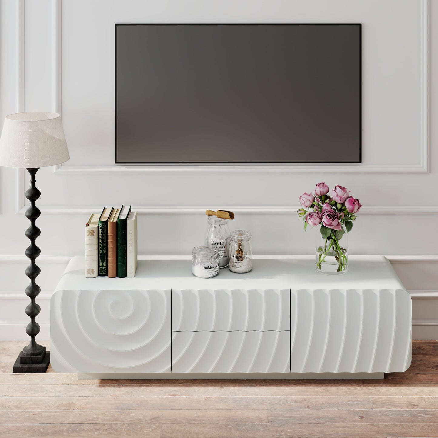 TV Stand Spiral Wave White MDF Floating Base Fits 60 In TV 58.3 In