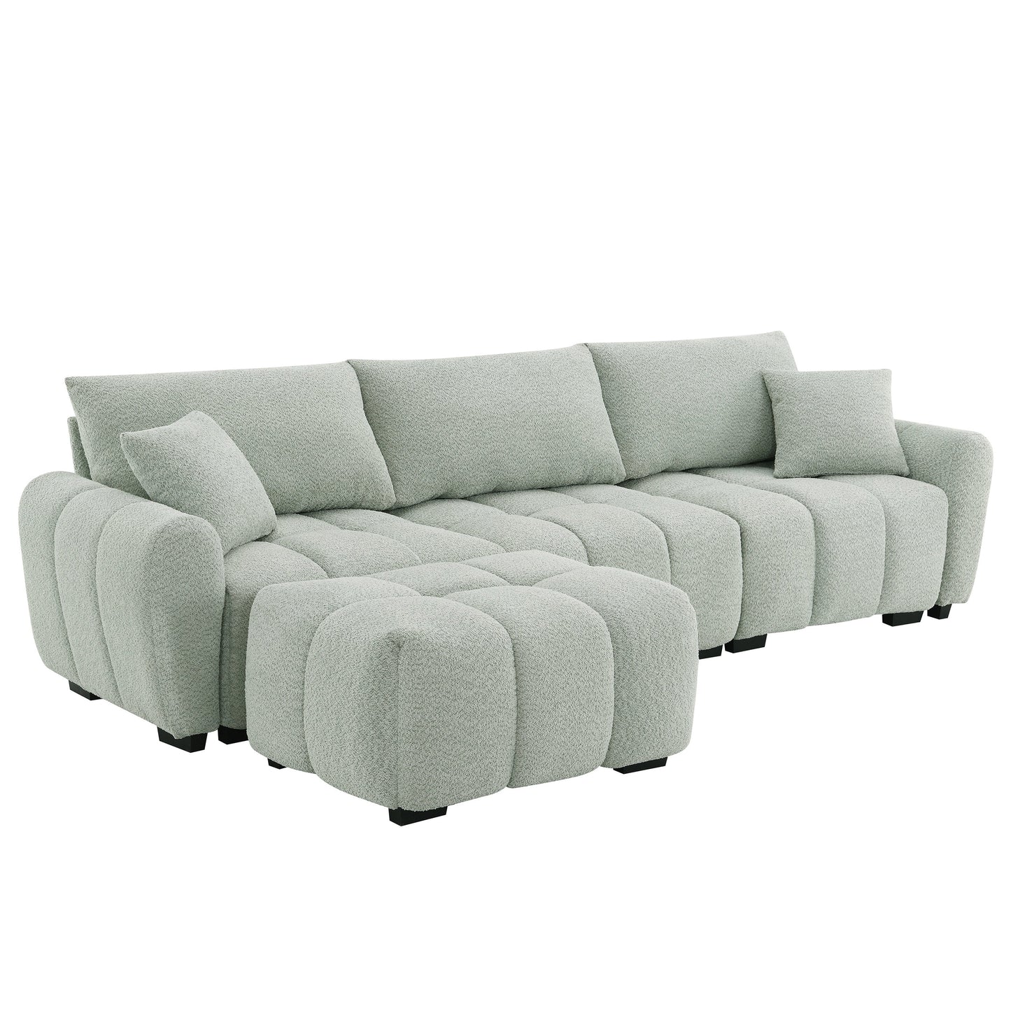 Sectional Sofa L-Shape Boucle Light Green 4 Seat Ottoman 110 In