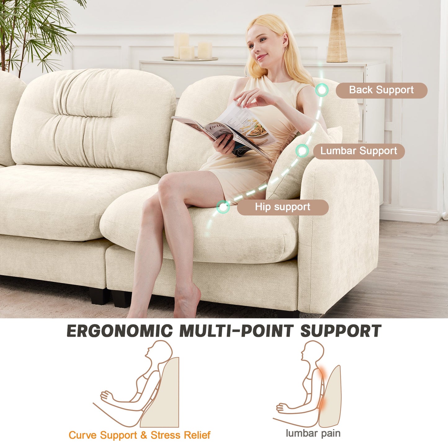 Sectional Sofa L-Shape Modular Chenille Beige Cloud Style with Ottoman