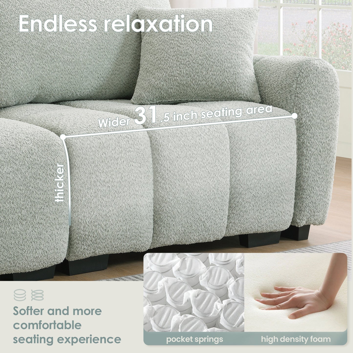 Sectional Sofa L-Shape Boucle Light Green 4 Seat Ottoman 110 In