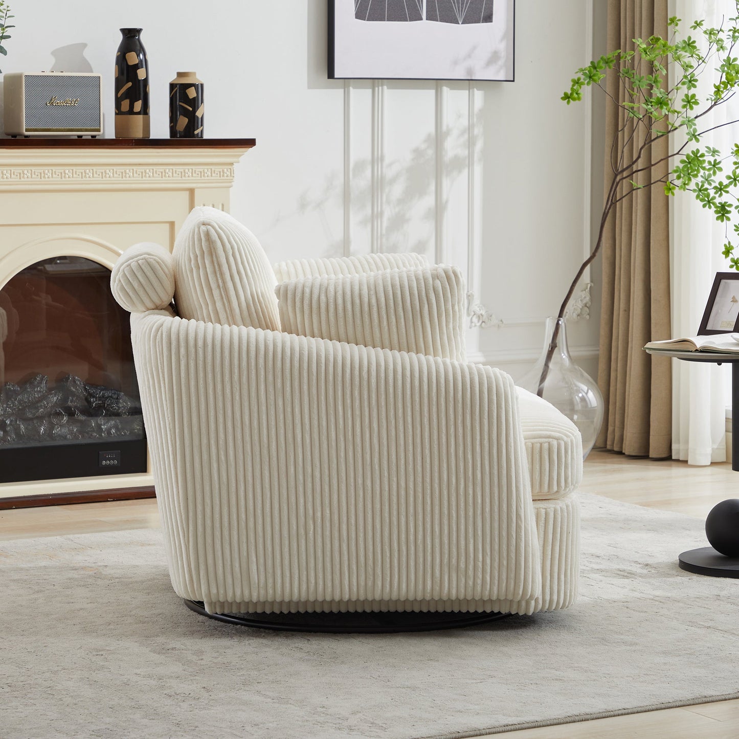 Accent Chair Swivel Round Oversized Corduroy Ivory 360 Degree 3 Pillows 40 In
