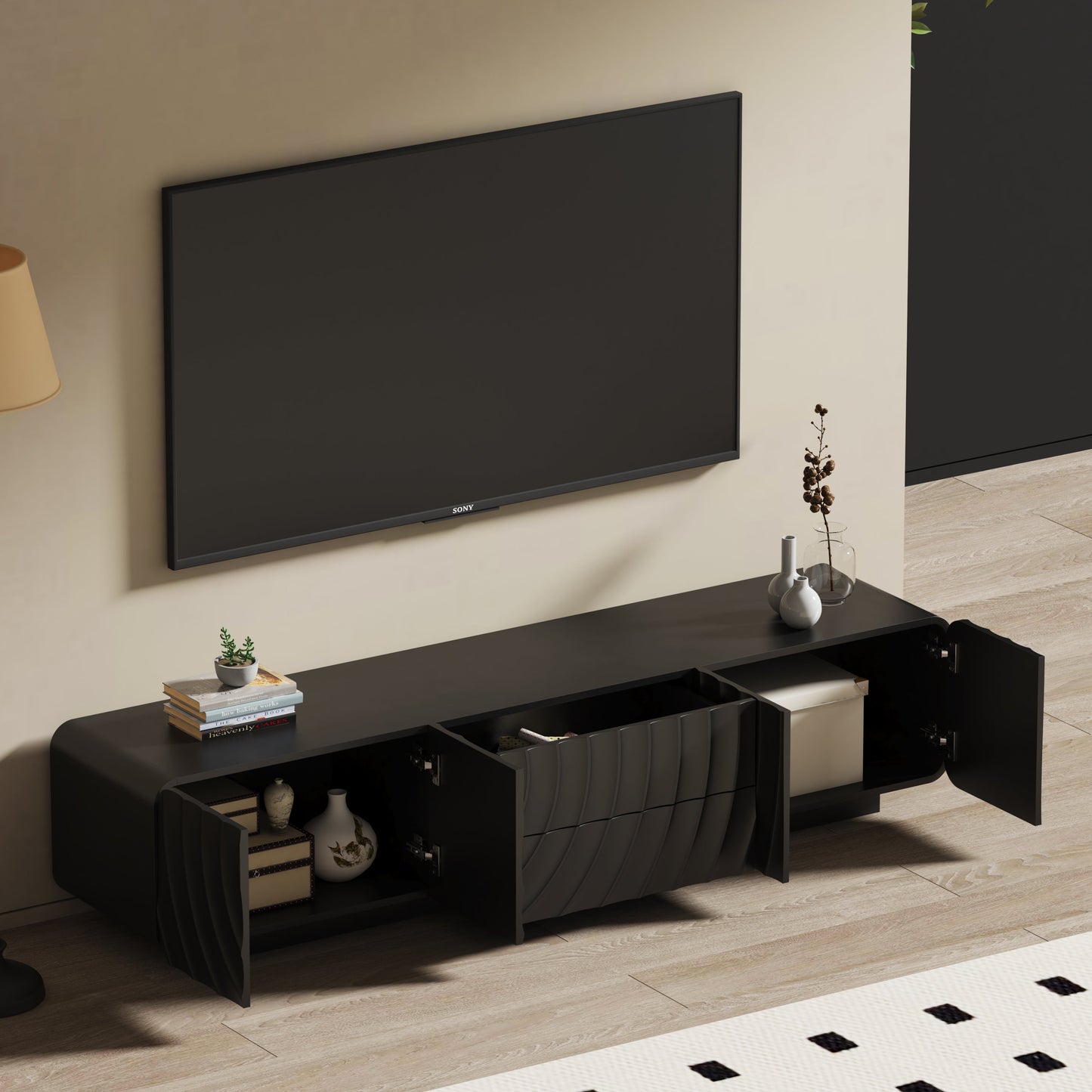 TV Stand Modern Spiral Wave Black MDF Floating Base Fits 85 In TV 70.9 In