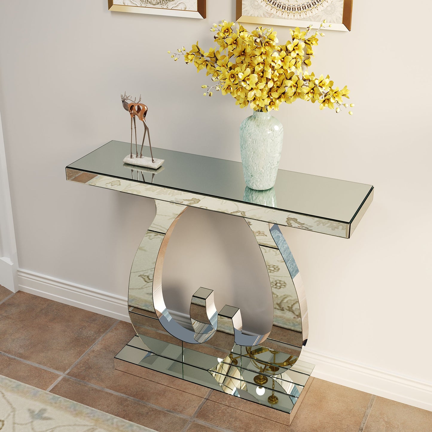 Modern Mirror Side Table, Glass, Double C-Shaped Base, Hall Table, Silver