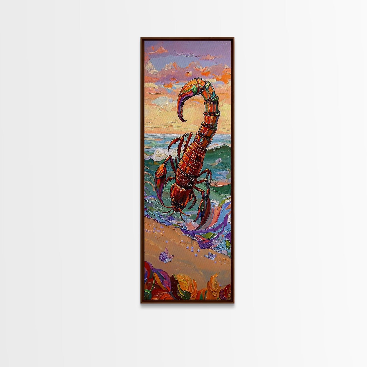 Scorpion Ocean, Sunset, Framed Canvas Print, Bold Coastal Wall Art, Beach Bedroom Decor, Vibrant Nautical Style, Surreal Animal Artwork