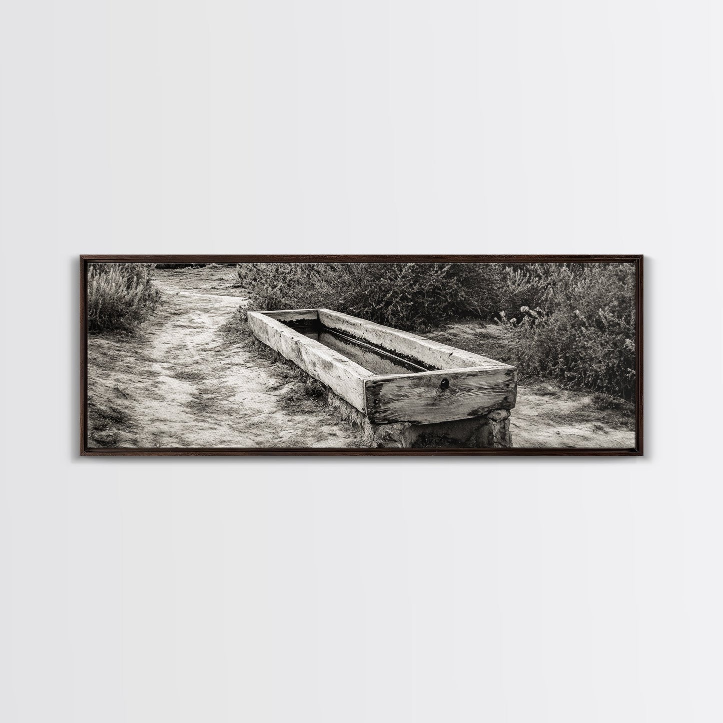 Rustic Water Trough, Nature Trail, Western Desert Scene, Framed Canvas Print, Country Farmhouse Decor, Minimalist Entryway Wall Art