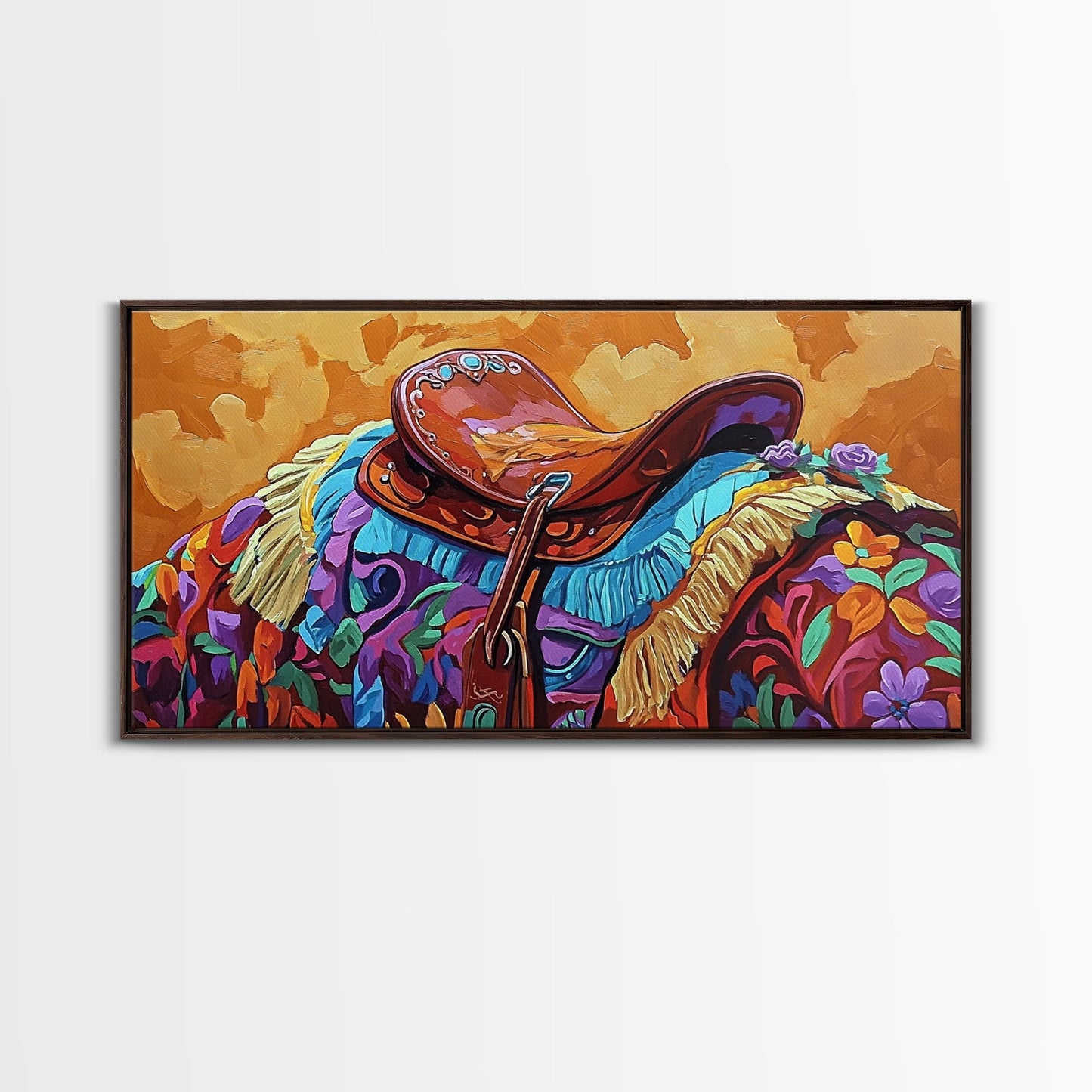 Western Saddle, cowboy art, rustic western decor, saddle painting, framed canvas print, boho art, extra wide art, gift idea him