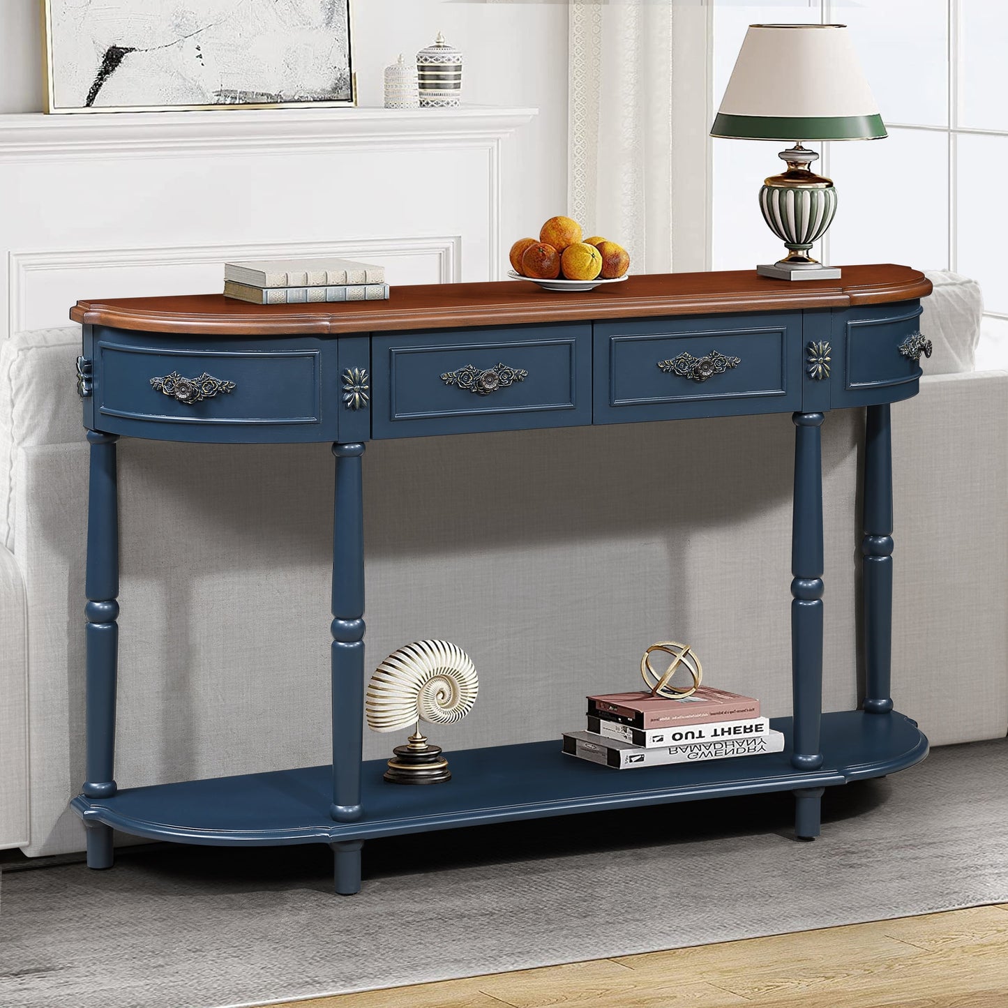 Retro Curved Wood Console Table, 52 inch Circular Half Moon Sofa Table with Open Shelf and 2 Drawers, Solid Wood Entry Table for Living Room, Hallway, Navy Blue + Brown Top