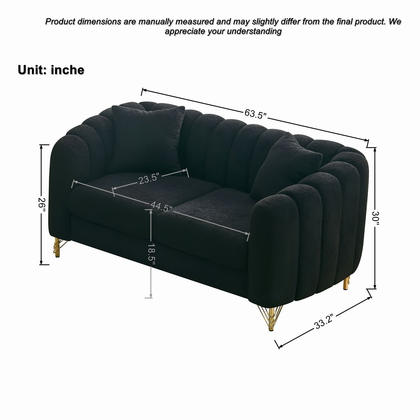 Loveseat Modern Chenille Black Gold Metal Legs 2 Seat 63 In 500 LB