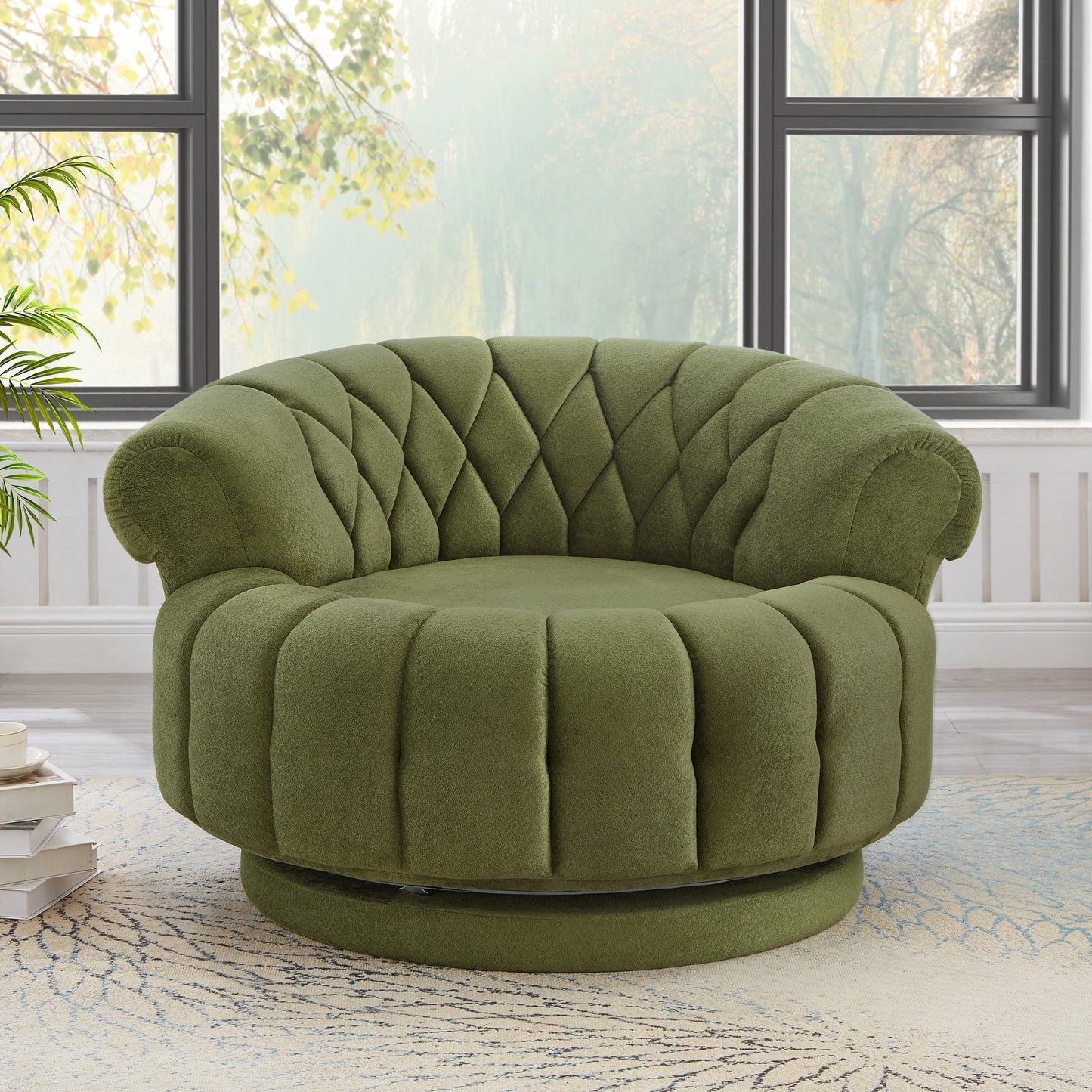 Swivel Accent Chair 360 Degree Chenille Green Oversized Round 45.9x42.7 In