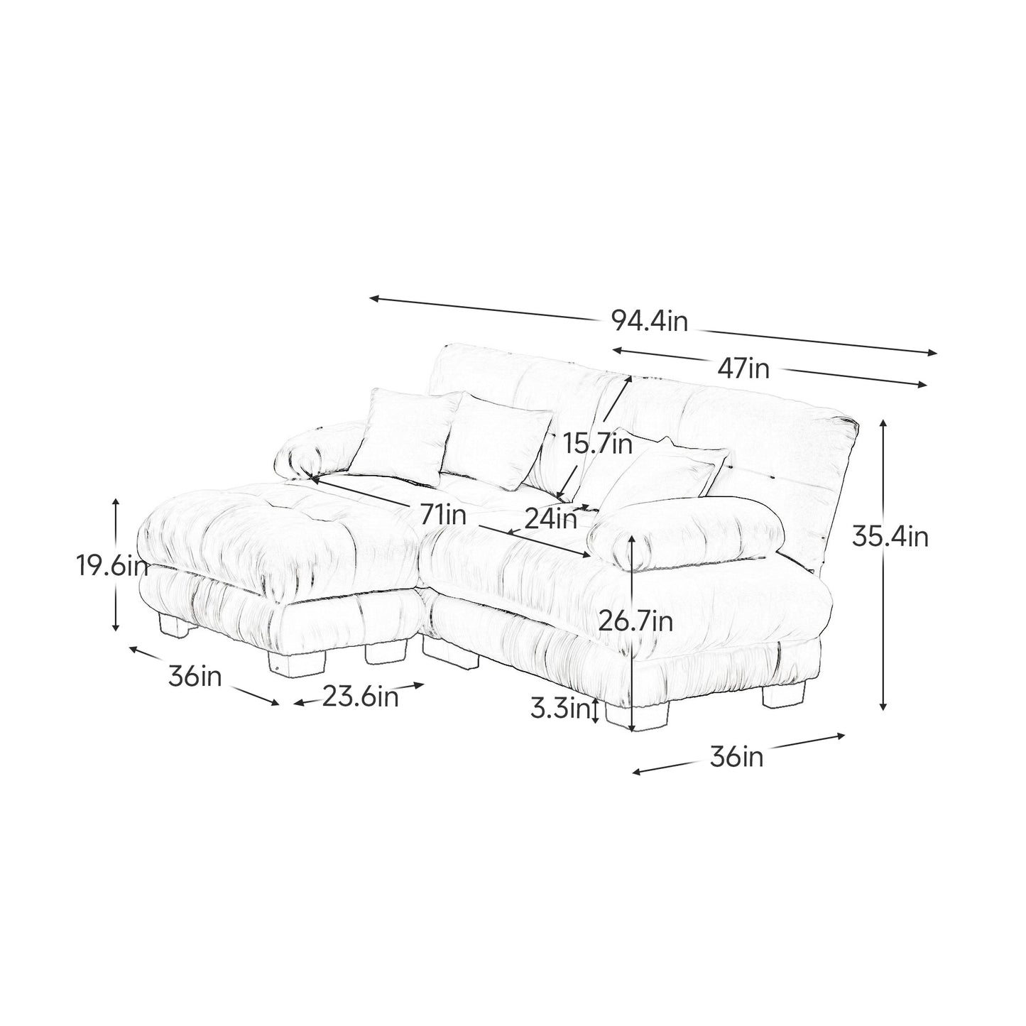 Sectional Sofa Cloud Style Chenille Light Coffee 2 Seat Convertible