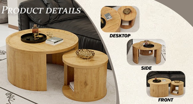 Round Nesting Coffee Table Set of 2, 31.5 and 18 in, Wood Top, Living Room
