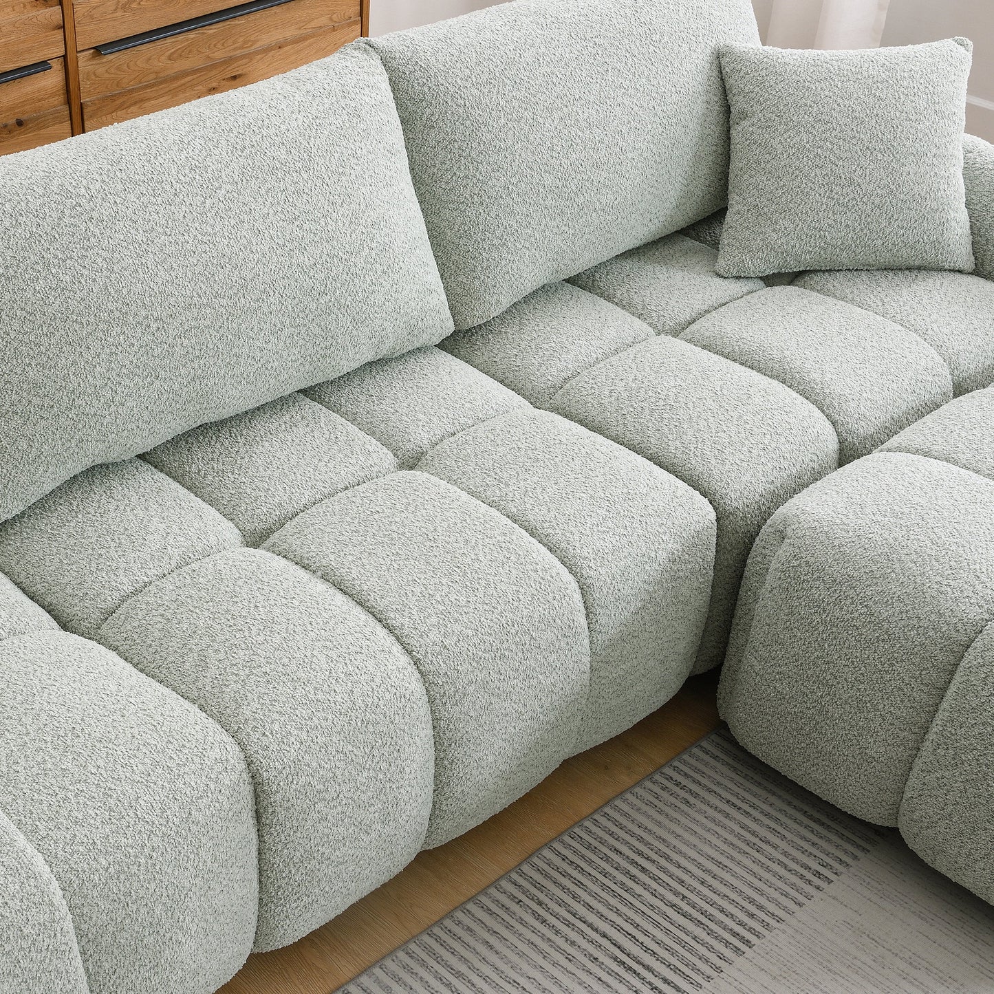 Sectional Sofa L-Shape Boucle Light Green 4 Seat Ottoman 110 In