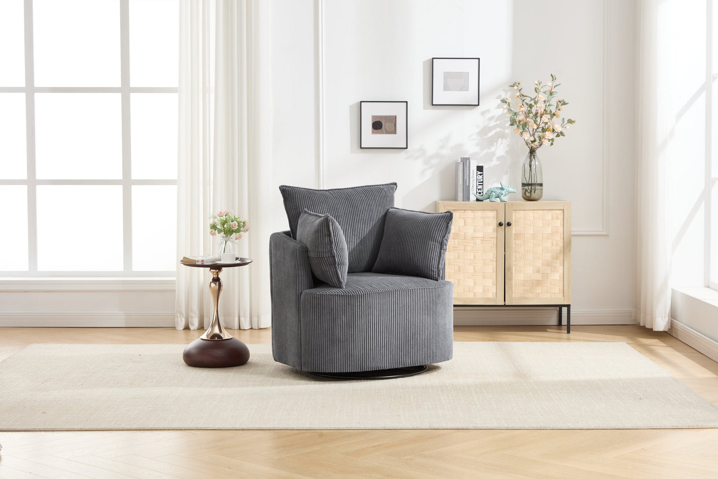 Accent Chair Swivel Round Barrel Corduroy Gray 350 LB 34x32x35 In