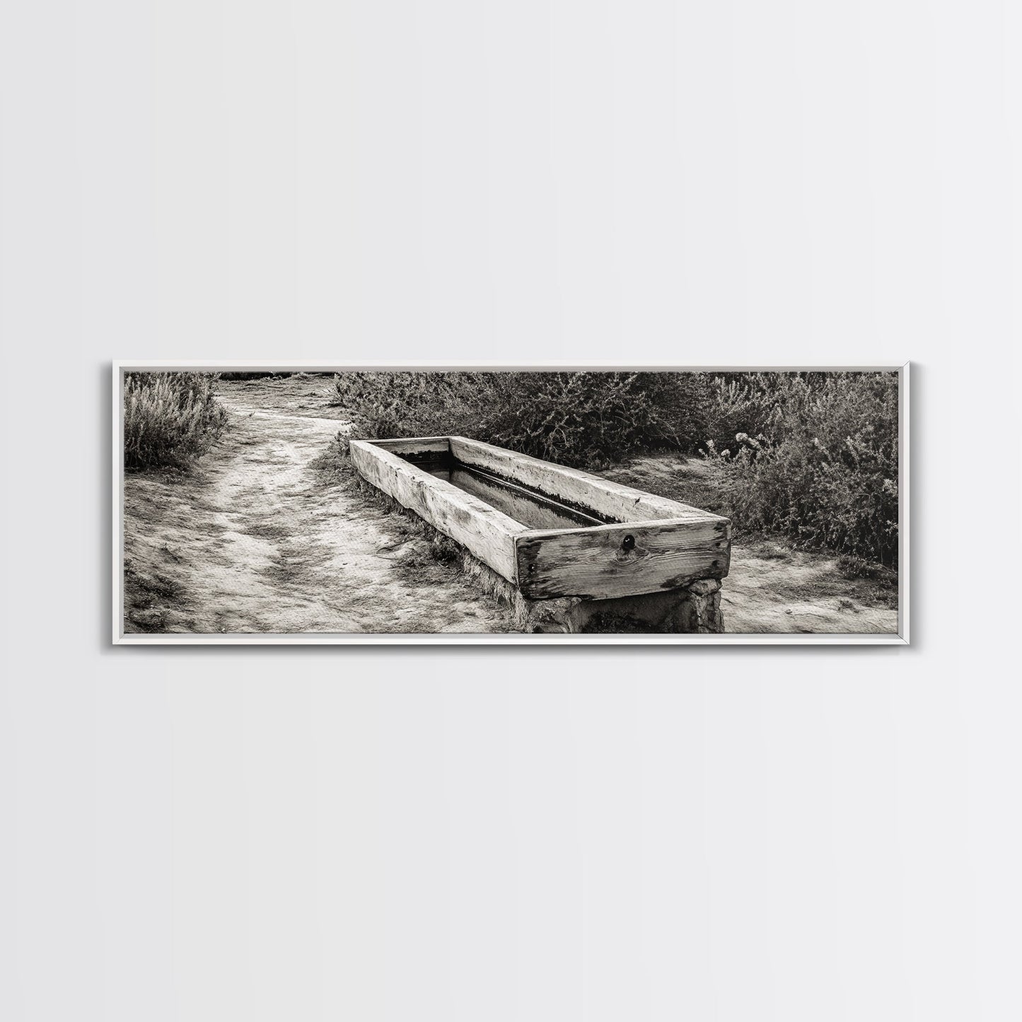 Rustic Water Trough, Nature Trail, Western Desert Scene, Framed Canvas Print, Country Farmhouse Decor, Minimalist Entryway Wall Art