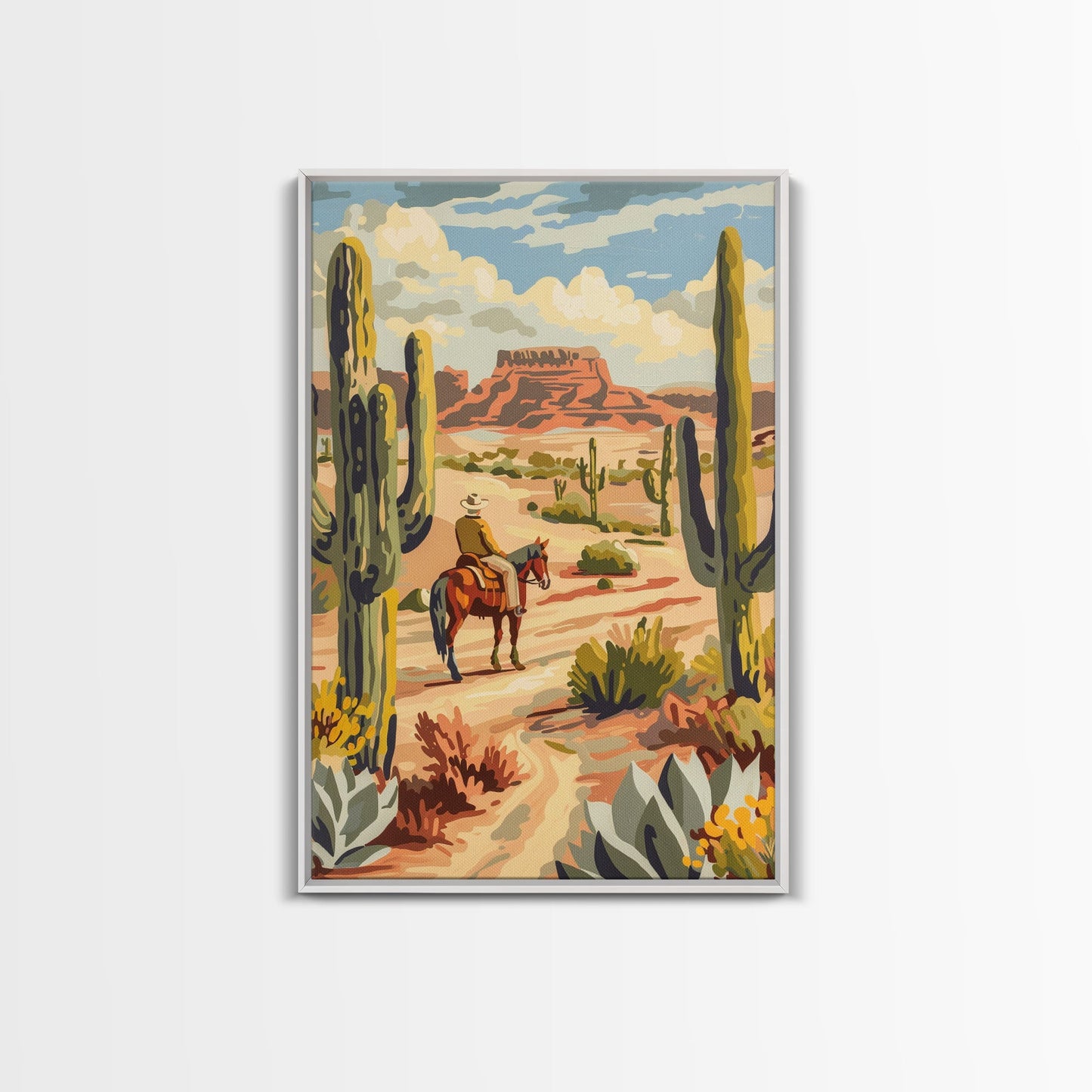 Cowboy Riding in Desert Landscape with Cacti - Framed Canvas Print, Western Art, Southwestern Decor, Desert Scene Wall Art for Home