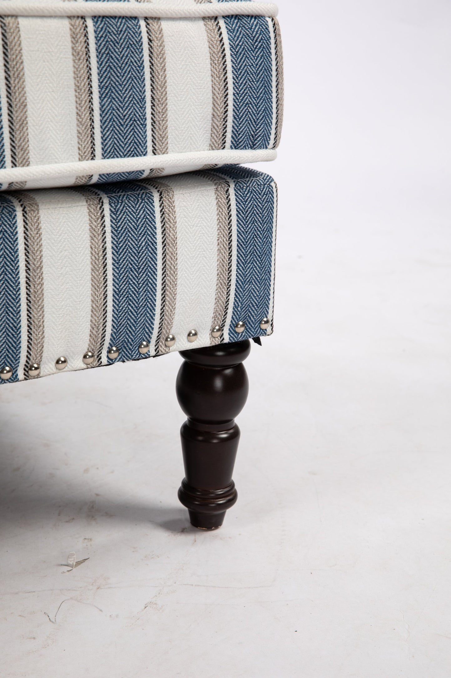 Accent Chair Vintage Striped Linen Blue White Nailhead Solid Wood Legs