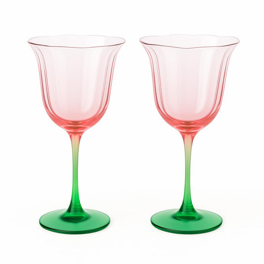 Khen Blossom Pink Tulip Wine Glasses Set of 2, Hand Blown Colored Crystal