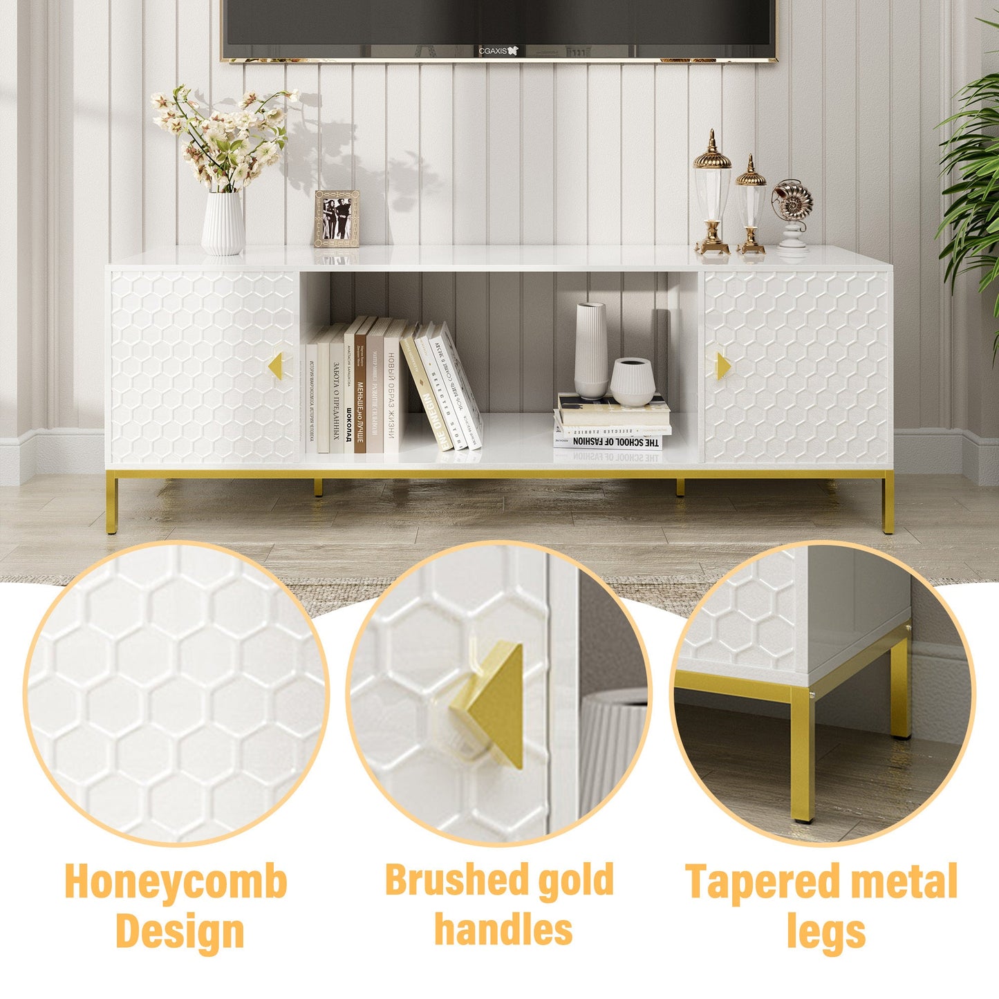 TV Stand Fireplace Space MDF White Honeycomb Door Gold Legs 80 LB 70 In