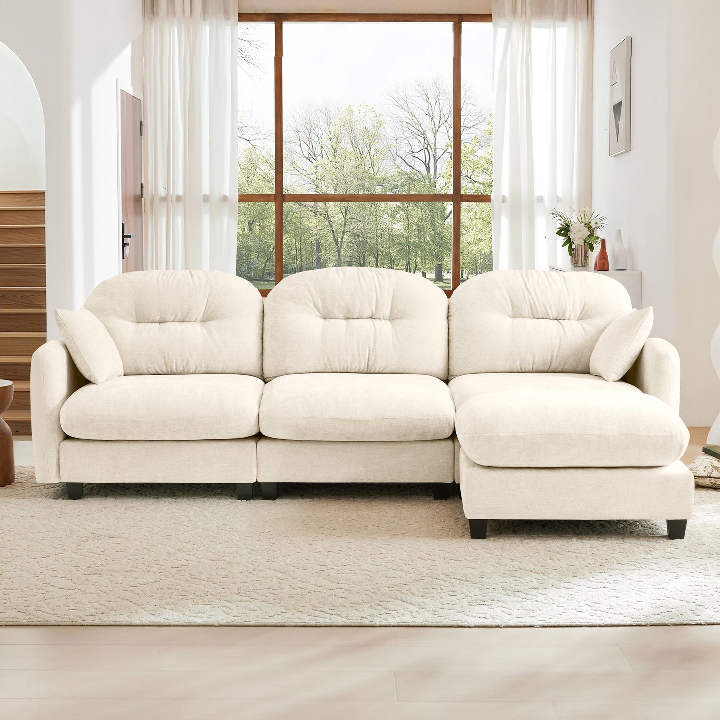 Sectional Sofa L-Shape Modular Chenille Beige 3-Seat with Ottoman