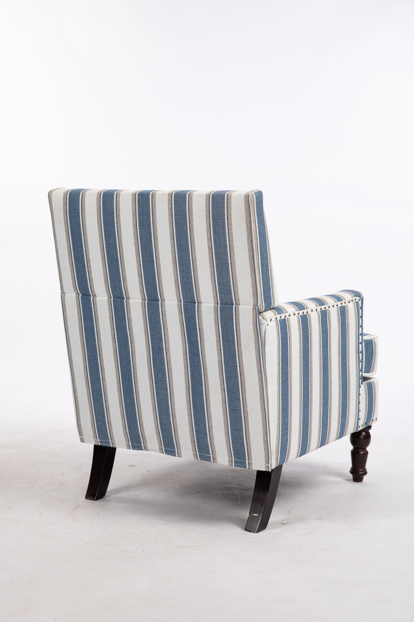 Accent Chair Vintage Striped Linen Blue White Nailhead Solid Wood Legs