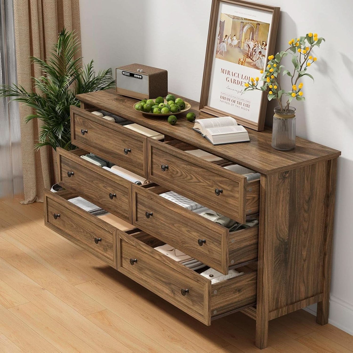 55 Inch Walnut Dresser With Six Drawers For Bedroom