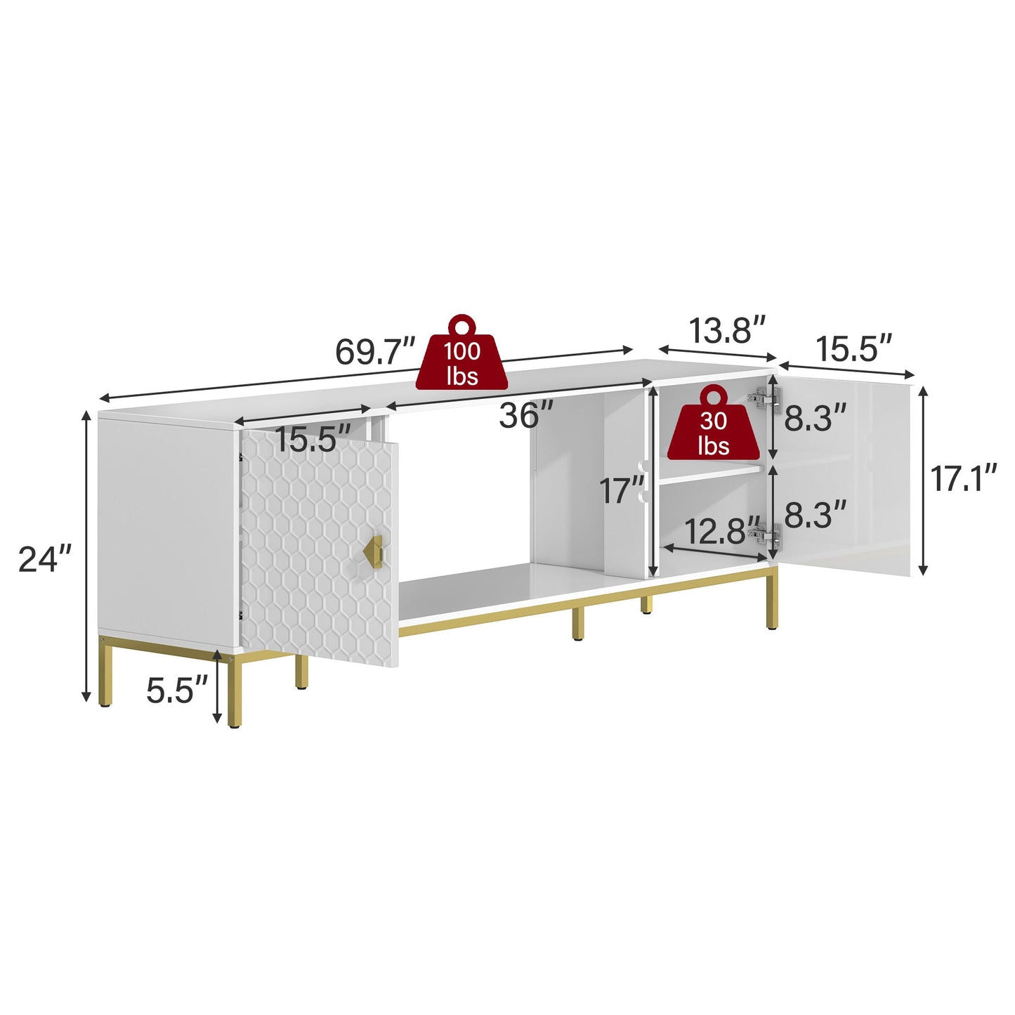 TV Stand Fireplace Space MDF White Honeycomb Door Gold Legs 80 LB 70 In