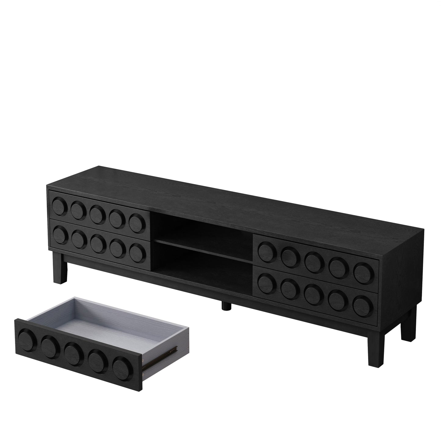 TV Stand Mid-Century Modern Solid Wood Gray Black 4-Drawer Fits 70 In TV