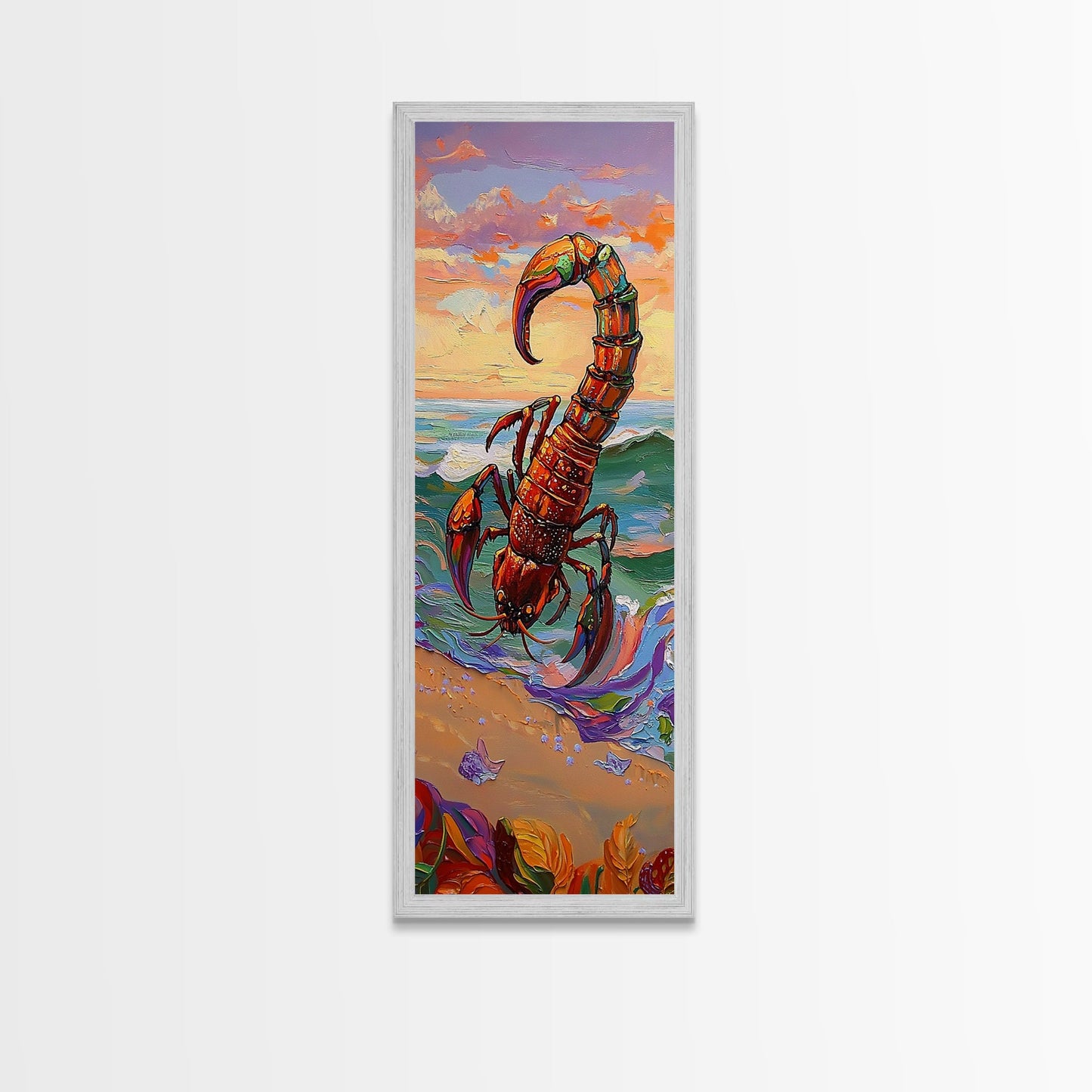 Scorpion Ocean, Sunset, Framed Canvas Print, Bold Coastal Wall Art, Beach Bedroom Decor, Vibrant Nautical Style, Surreal Animal Artwork
