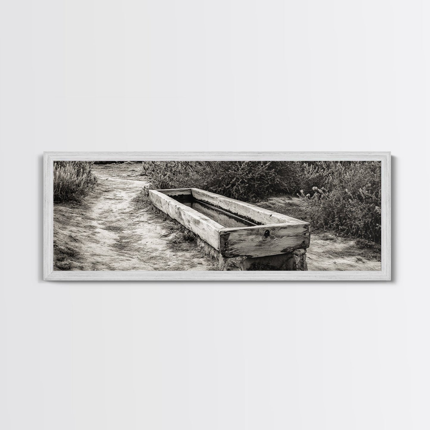 Rustic Water Trough, Nature Trail, Western Desert Scene, Framed Canvas Print, Country Farmhouse Decor, Minimalist Entryway Wall Art