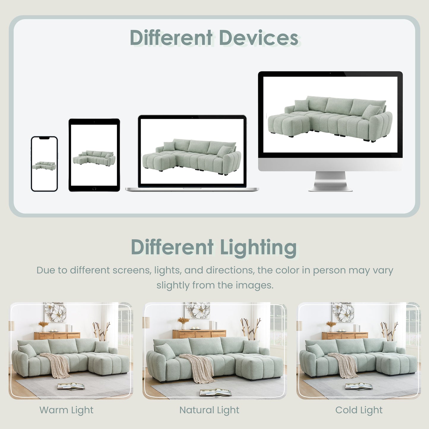 Sectional Sofa L-Shape Boucle Light Green 4 Seat Ottoman 110 In