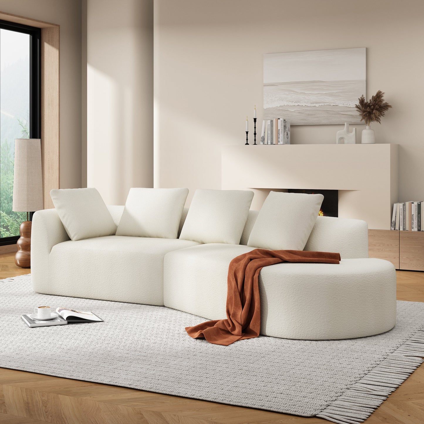 Sectional Sofa Curved Pearl Polyester Beige 3 Seat Right Chaise 116 In