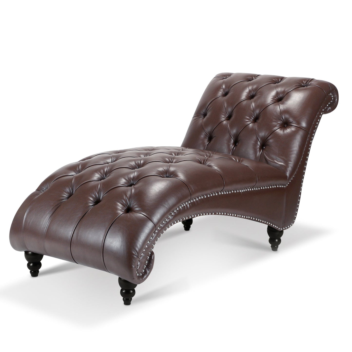 Chaise Lounge Armless PU Leather Dark Brown Tufted Foam Birch Legs 220 LB