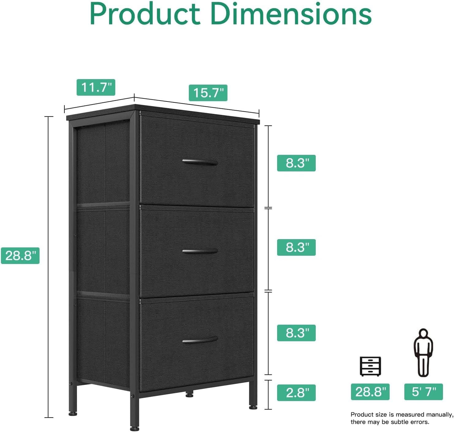 Black 3 Drawer Dresser Nightstand For Bedroom Compact