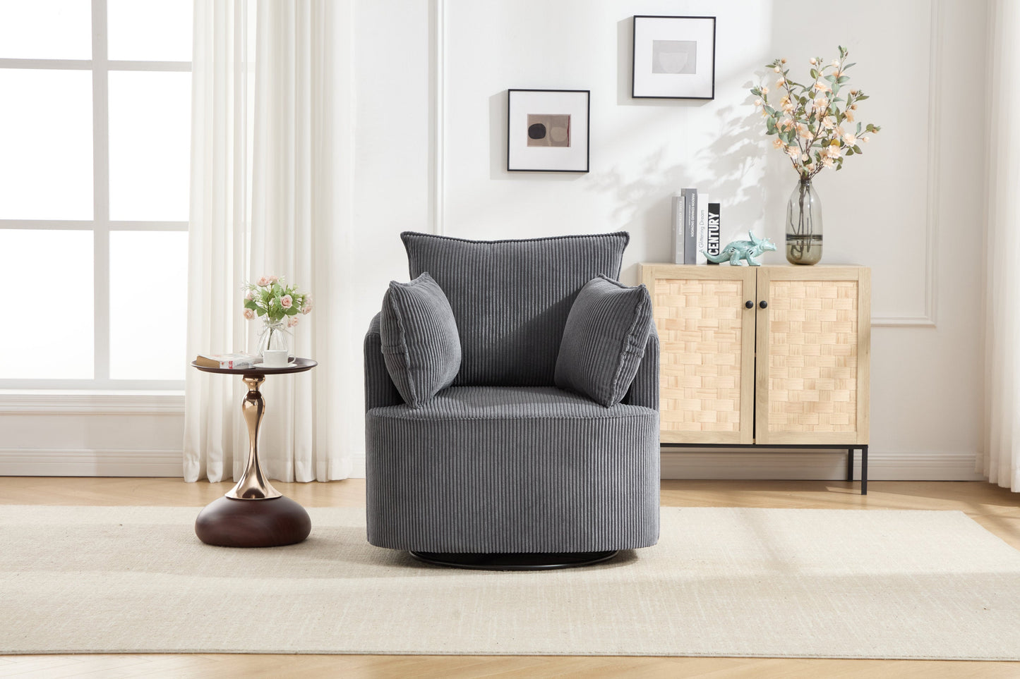 Accent Chair Swivel Round Barrel Corduroy Gray 350 LB 34x32x35 In