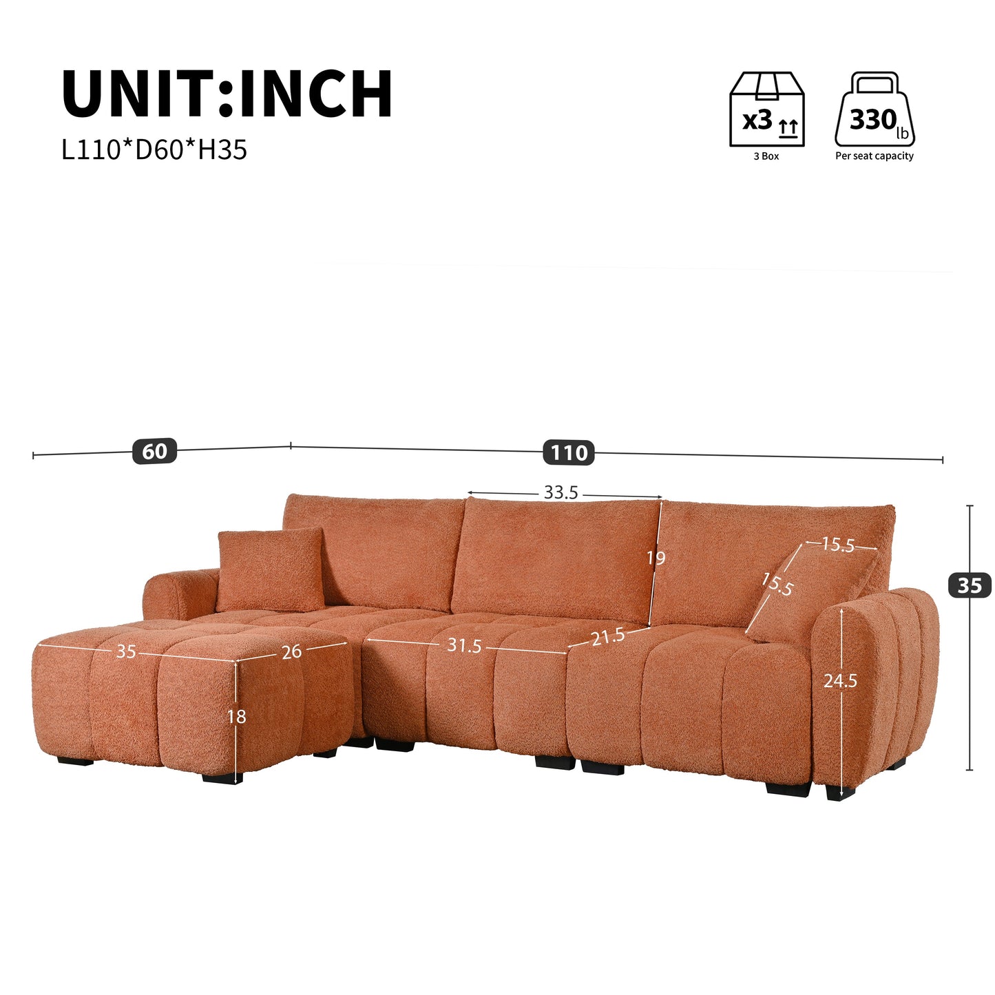 Sectional Sofa L-Shape Boucle Orange 4 Seat Ottoman 110 In