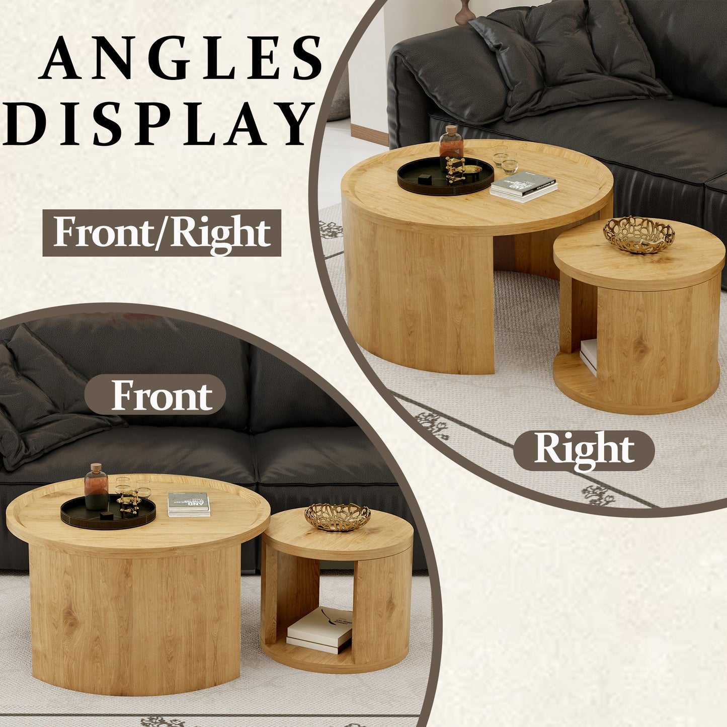 Round Nesting Coffee Table Set of 2, 31.5 and 18 in, Wood Top, Living Room