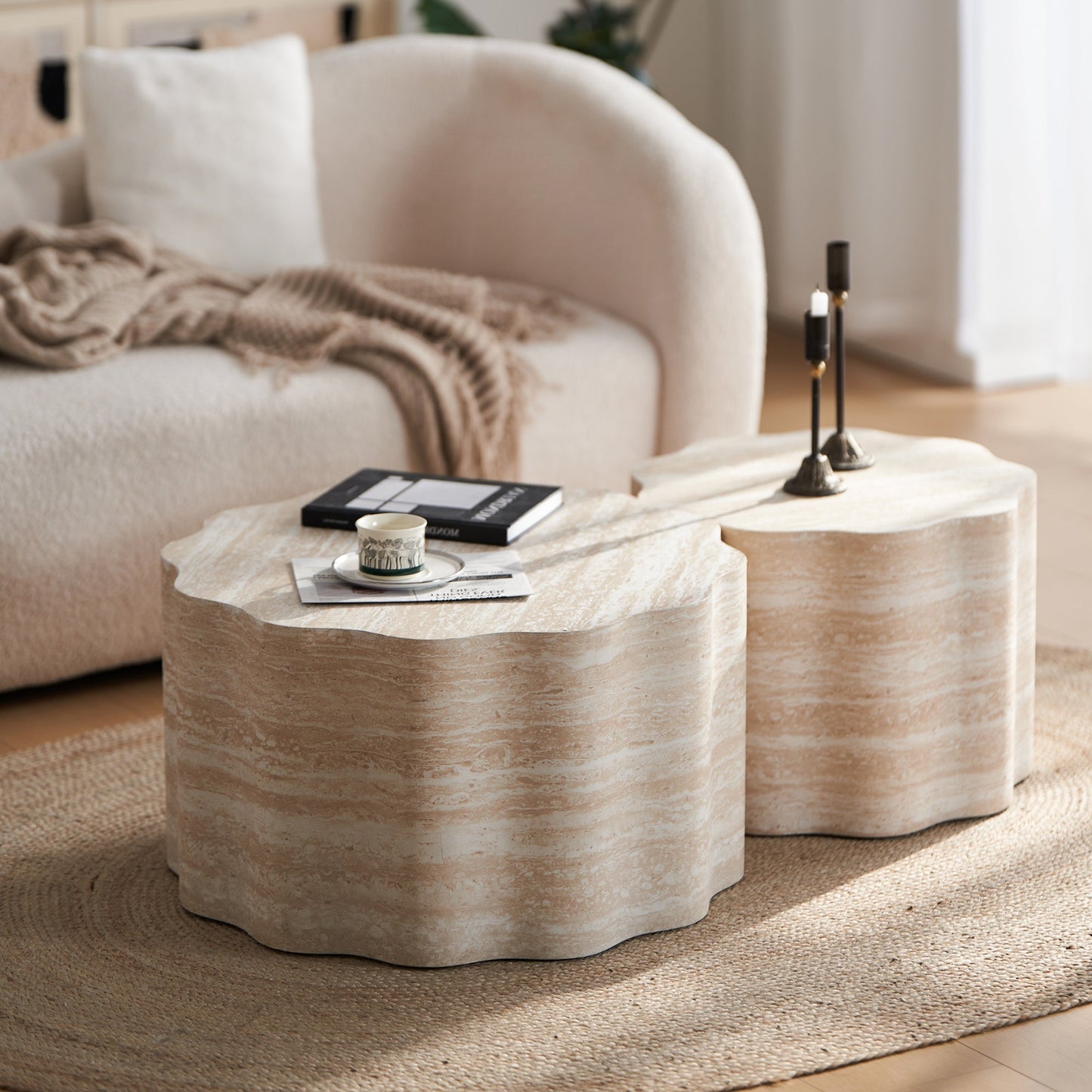 Set of 2 Round Coffee Side Tables, Faux Mars Pattern, Minimalist, Living Room