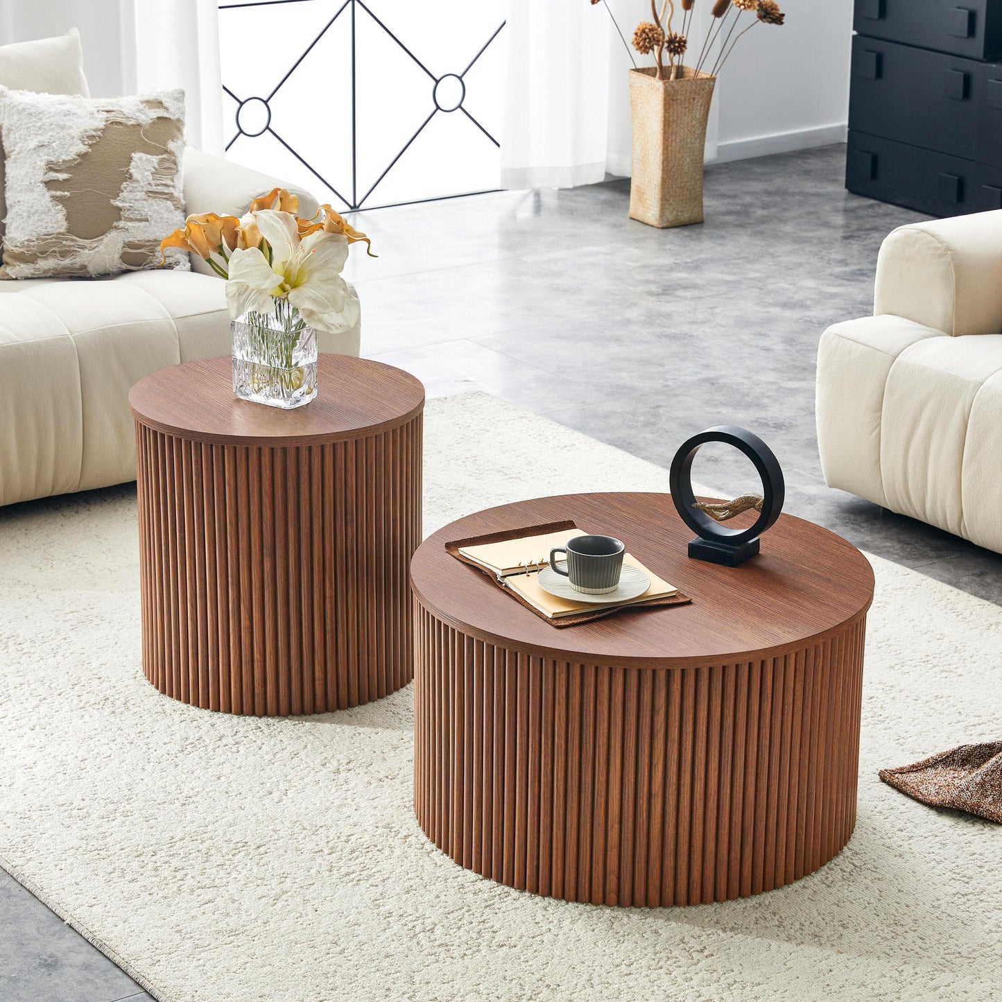 2-Piece Nesting Coffee Table Set, Roman Column MDF Round, Built-in Storage
