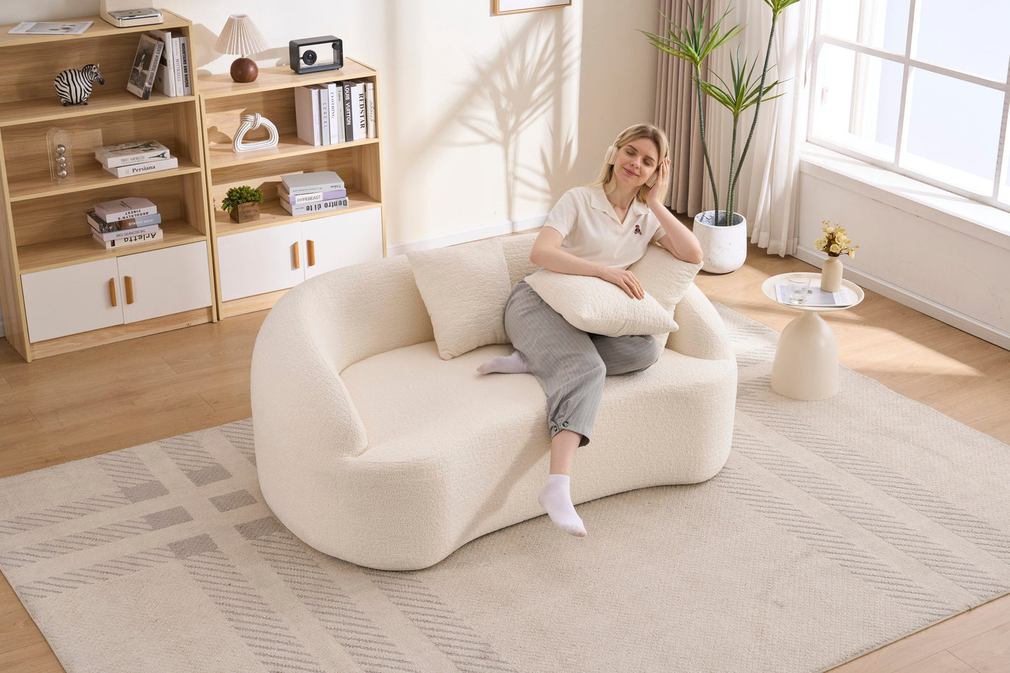 Loveseat Curved Modern Chenille Off-White 2 Seat 3 Pillows 65 In