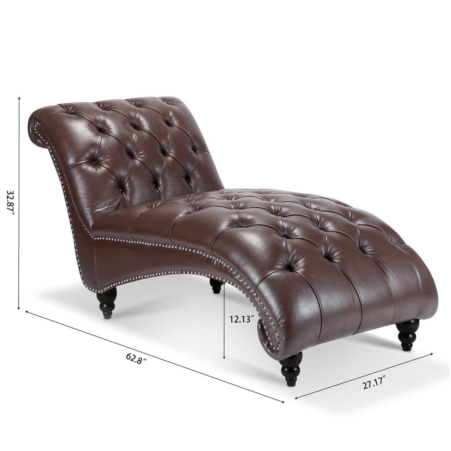 Chaise Lounge Armless PU Leather Dark Brown Tufted Foam Birch Legs 220 LB
