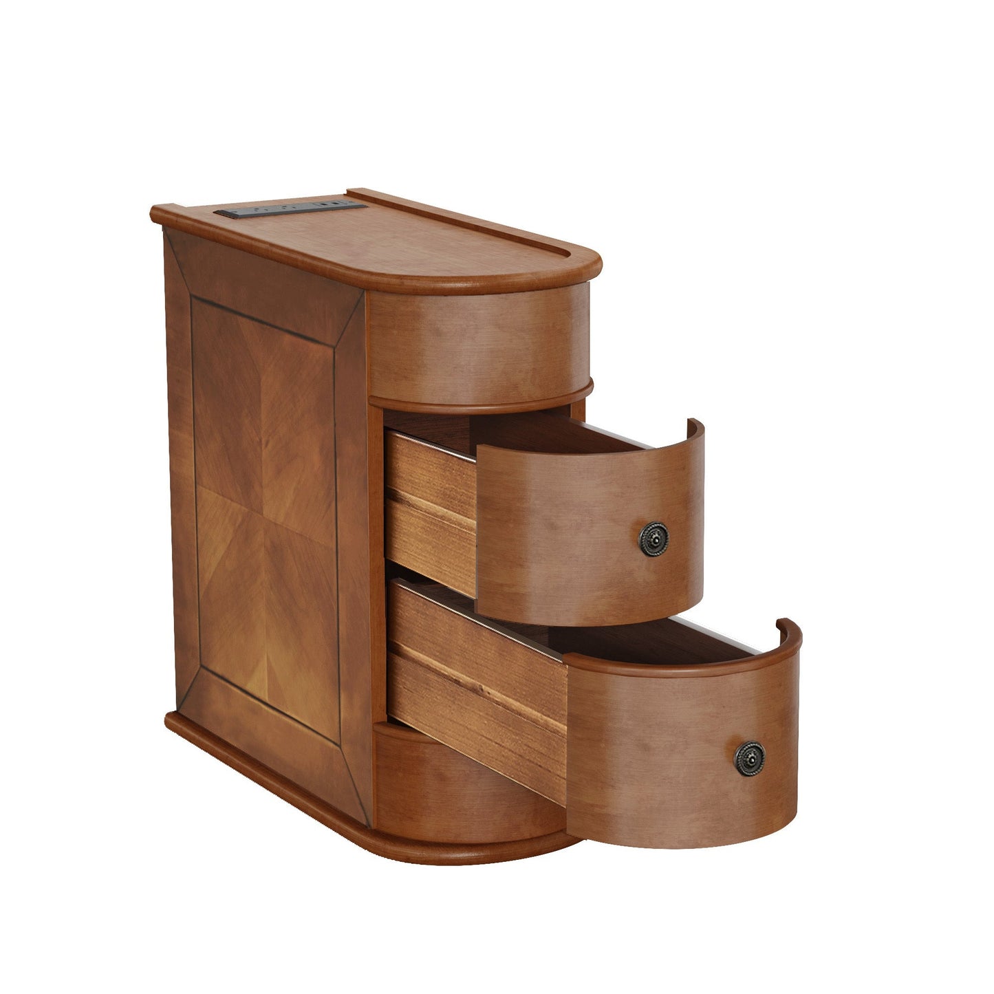 End Table Charging Station 2 AC 2 USB Ports 2 Drawers Arc Design Walnut 23.6 In