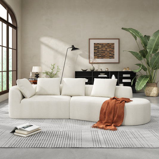 Sectional Sofa Curved Pearl Polyester Beige 3 Seat Right Chaise 116 In